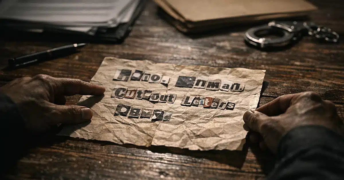 Ransom note on dark table being examined by silhouetted investigator in dramatic lighting