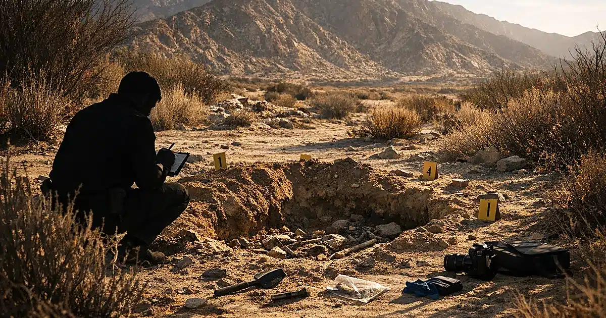 Desert grave excavation site with forensic tools and silhouetted investigator near mountain base in harsh sunlight