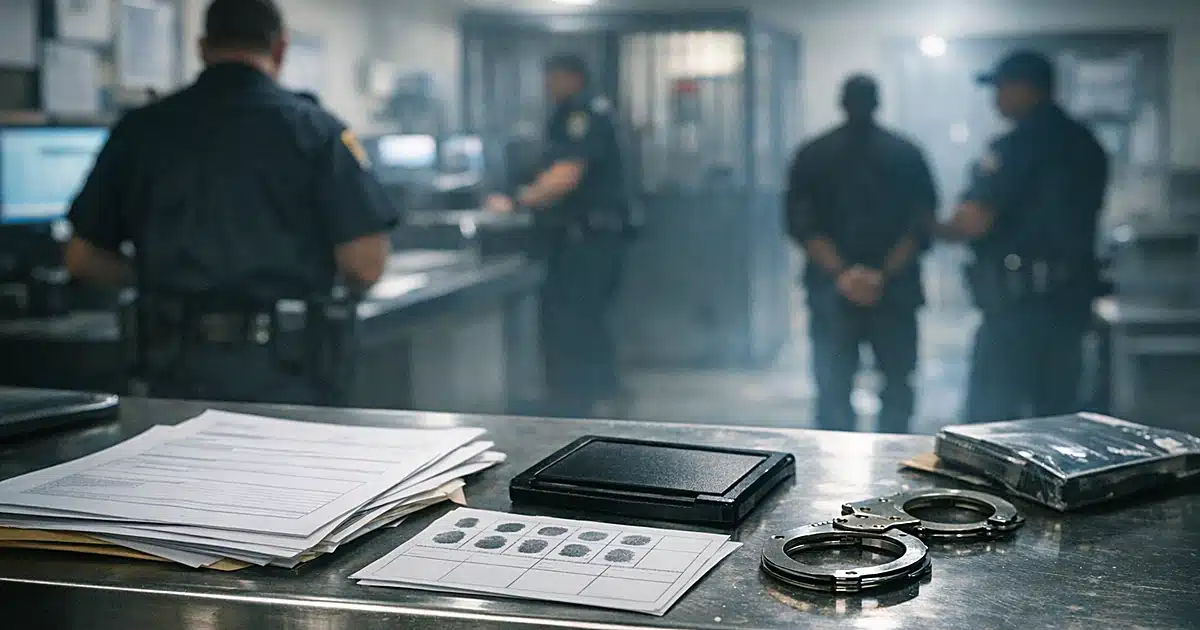 Police booking station counter with intake forms and fingerprint pad under fluorescent lights