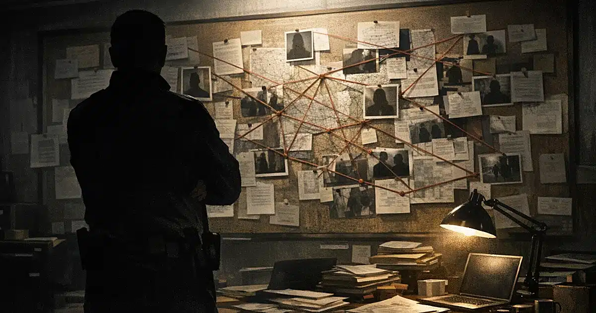 Silhouetted investigator facing evidence board with red string connections in dimly lit room