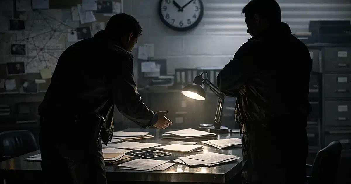 FBI evidence room with investigators reviewing case documents on metal table under fluorescent lighting