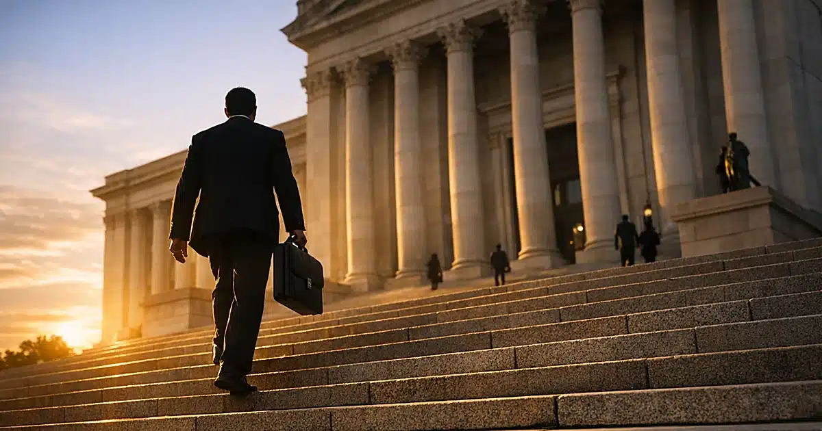 Silhouetted businessman ascending marble capitol steps toward columned entrance at sunset