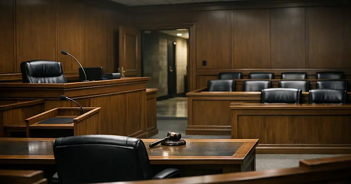 Empty federal courtroom interior showing judge's bench, witness stand, and open doorway to corridor