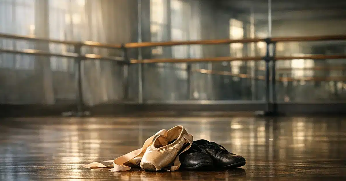 Empty dance studio with ballet barres and worn dance shoes on wooden floor in natural window light