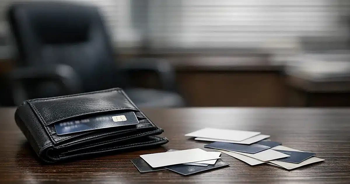 Open wallet with credit card on office desk with scattered business cards in municipal office setting