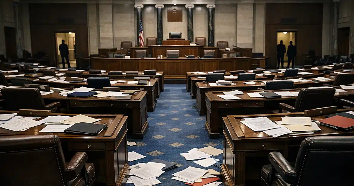 Empty legislative chamber with scattered papers on desks and silhouetted figures in distant doorways