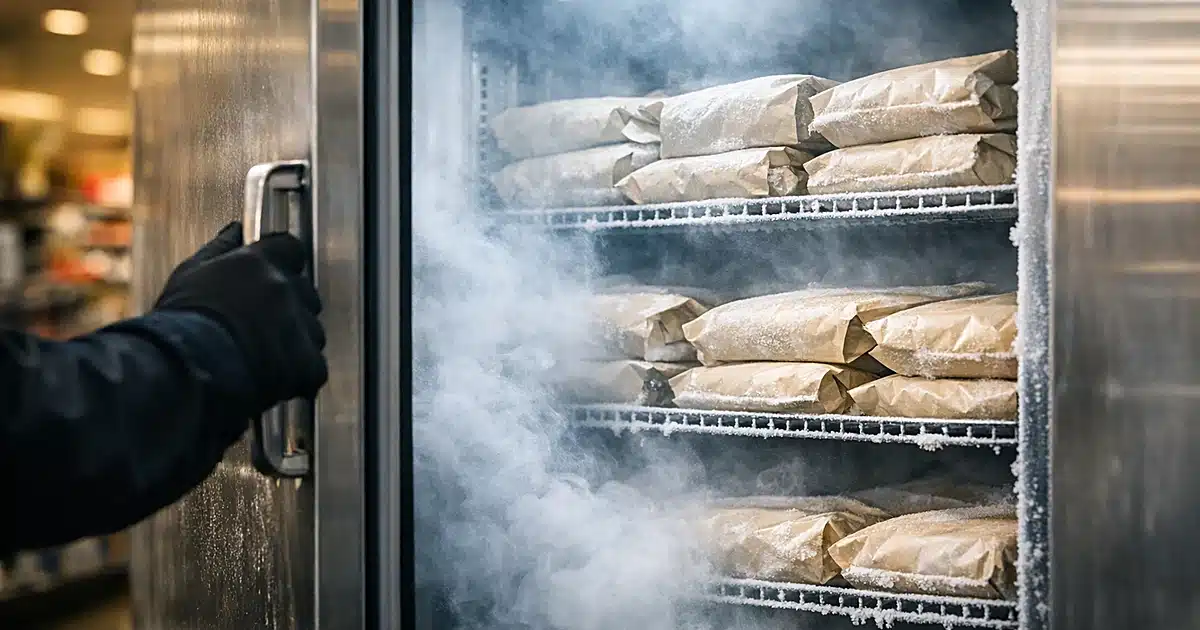Commercial freezer door opening with cold vapor billowing out in grocery store frozen food section