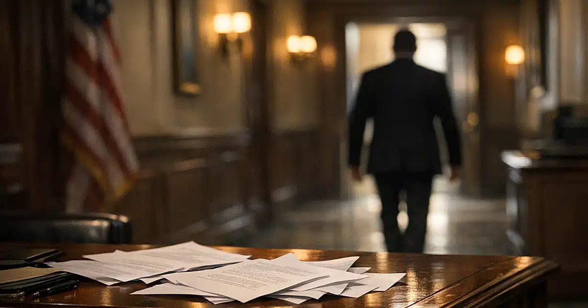 Silhouetted figure walking away in Senate office corridor with scattered papers on desk in foreground