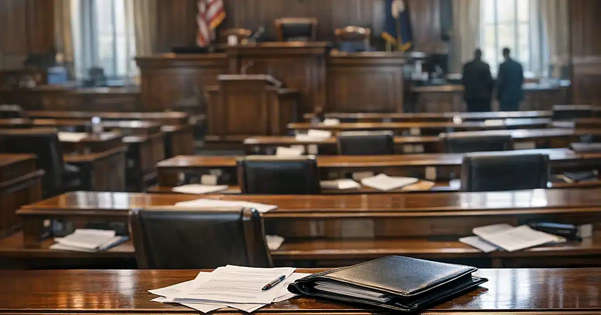 Empty South Carolina legislative chamber with wooden desks and scattered papers in natural daylight