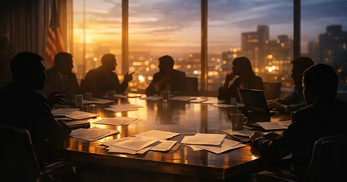 Silhouetted figures in political strategy meeting around conference table at dusk with city skyline visible through windows