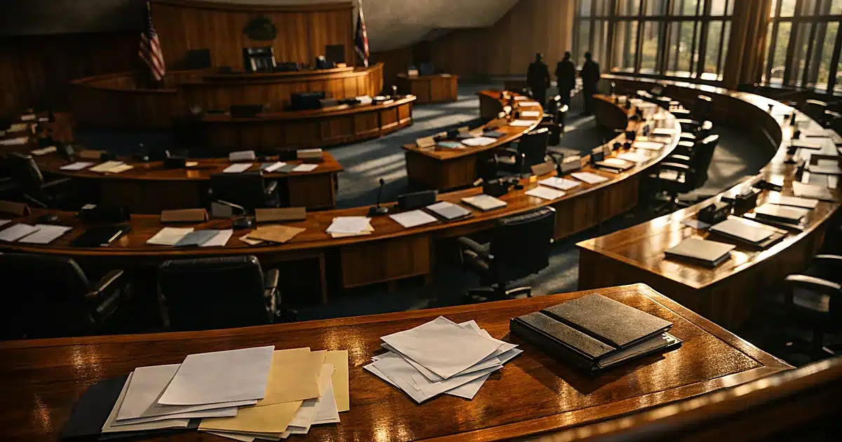 Empty Hawaiian state legislative chamber with scattered papers on wooden desks in dramatic afternoon light