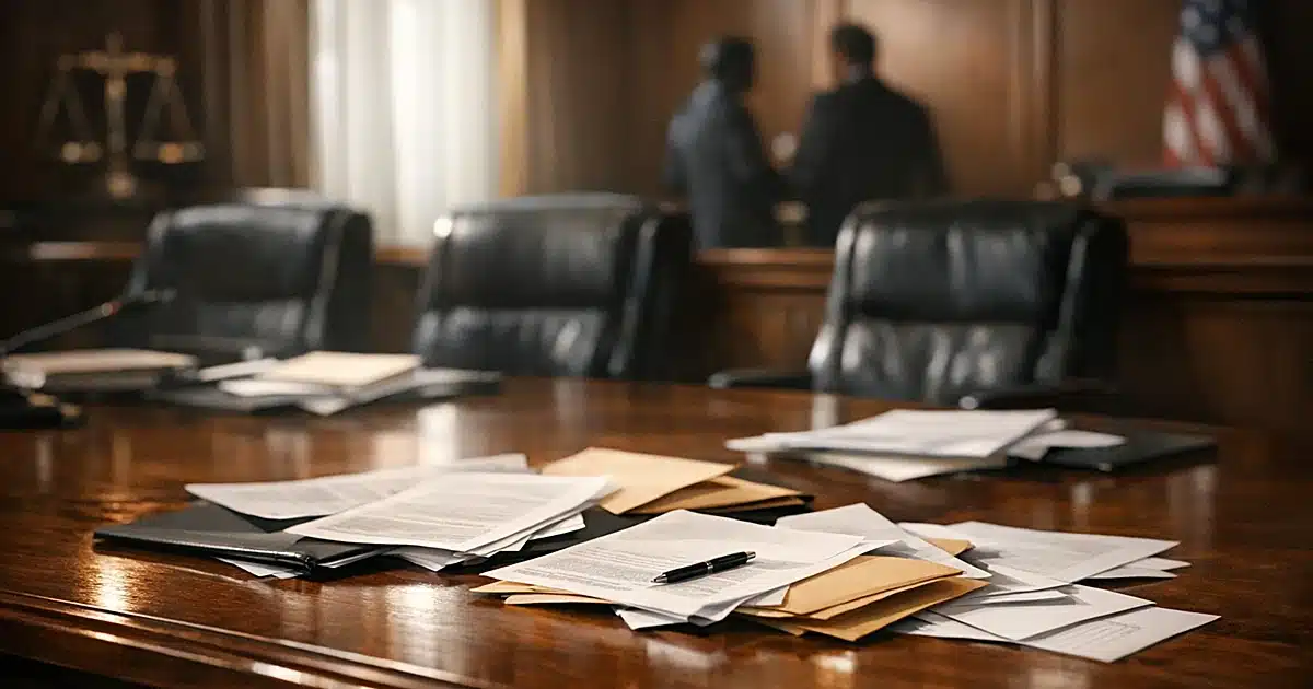 Empty legislative committee table with scattered documents and pushed-back chairs in dramatic window lighting