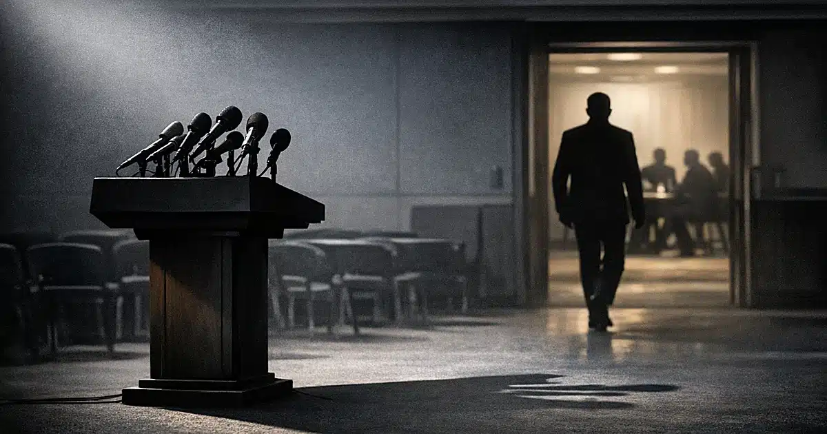 Empty military podium in foreground with silhouetted figure walking toward distant negotiation table in background