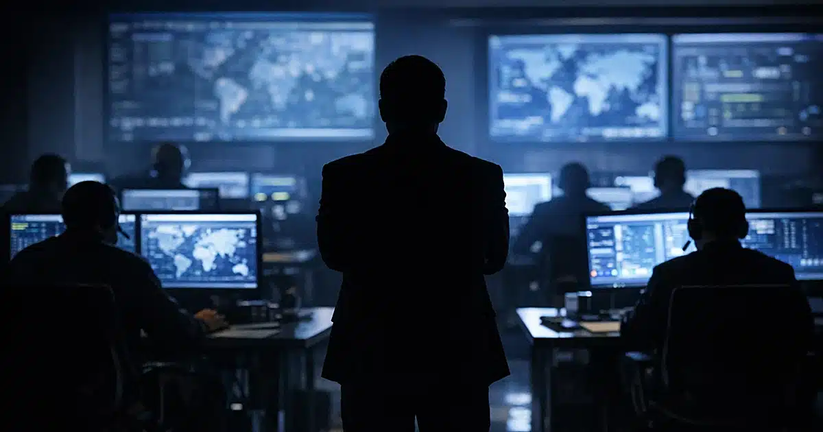 Silhouetted figure standing apart from intelligence workers at glowing screens in dark operations room