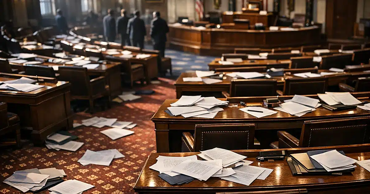 Empty legislative chamber with scattered papers on desks after a close congressional vote