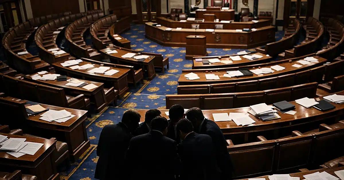 Interior view of House chamber with scattered papers on desks and silhouetted figures huddled near center aisle