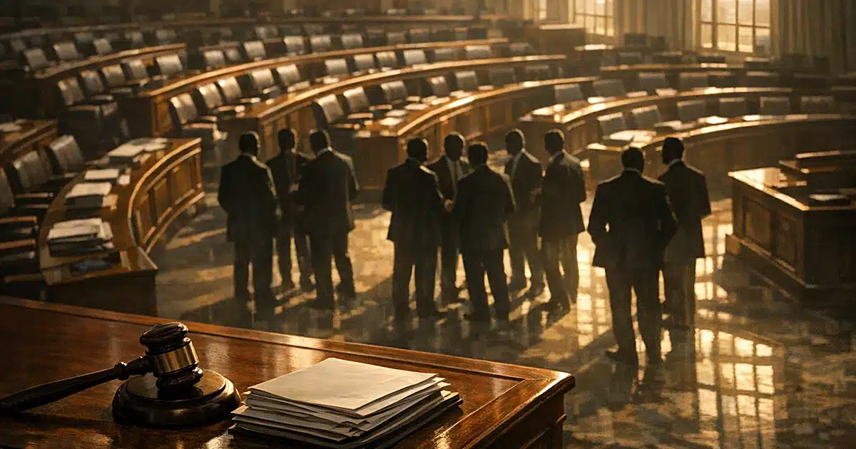 Overhead view of legislative chamber with empty desks, gavel, and silhouetted figures standing in aisles