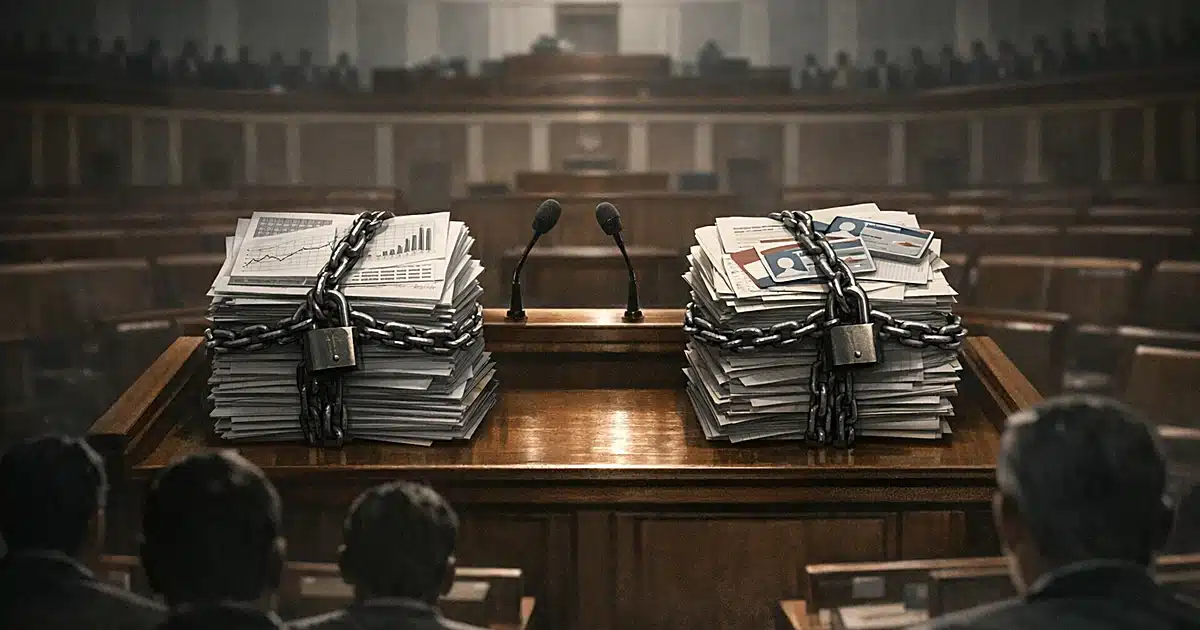 Legislative chamber with two stacks of documents chained together on a podium, representing linked bills