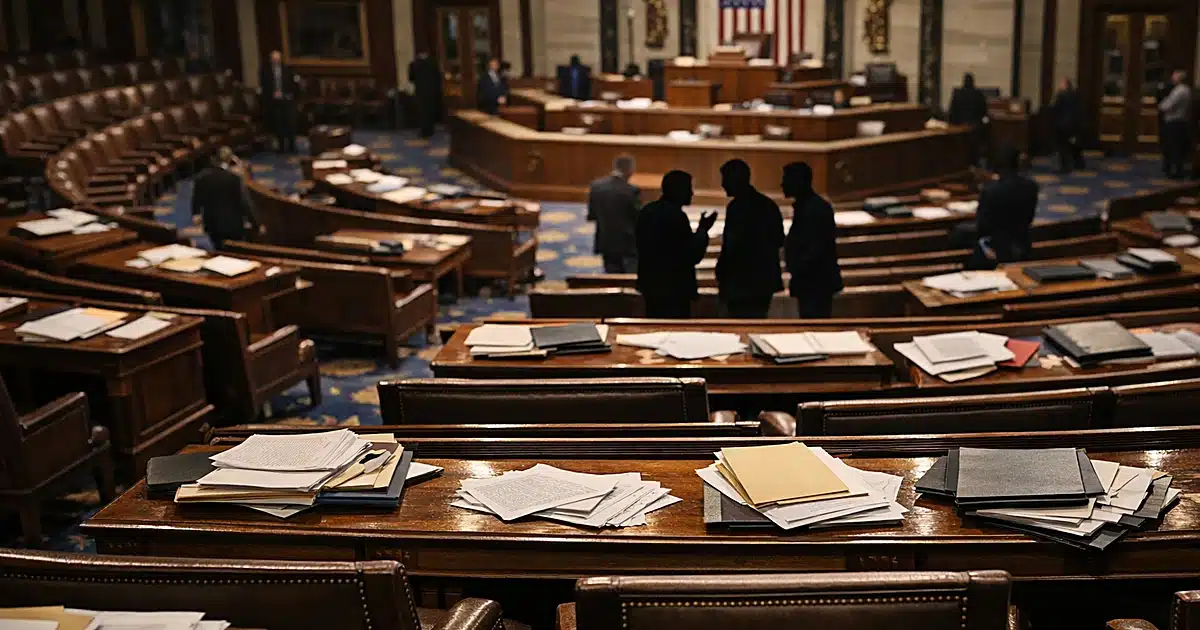 Wide view of House chamber floor with scattered papers on desks and silhouetted figures in discussion after vote
