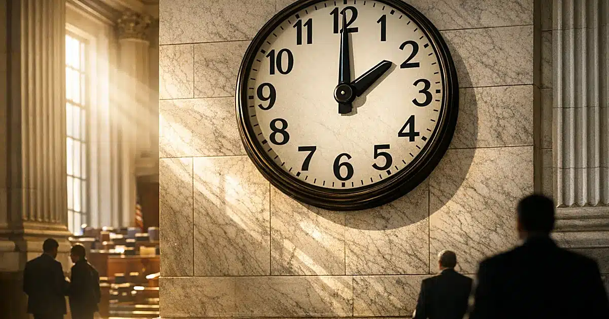 Large institutional clock on marble wall in government building with dramatic afternoon sunlight