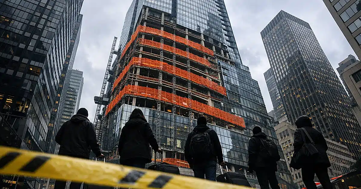 High-rise building with construction scaffolding and safety netting, displaced residents with luggage viewing from street