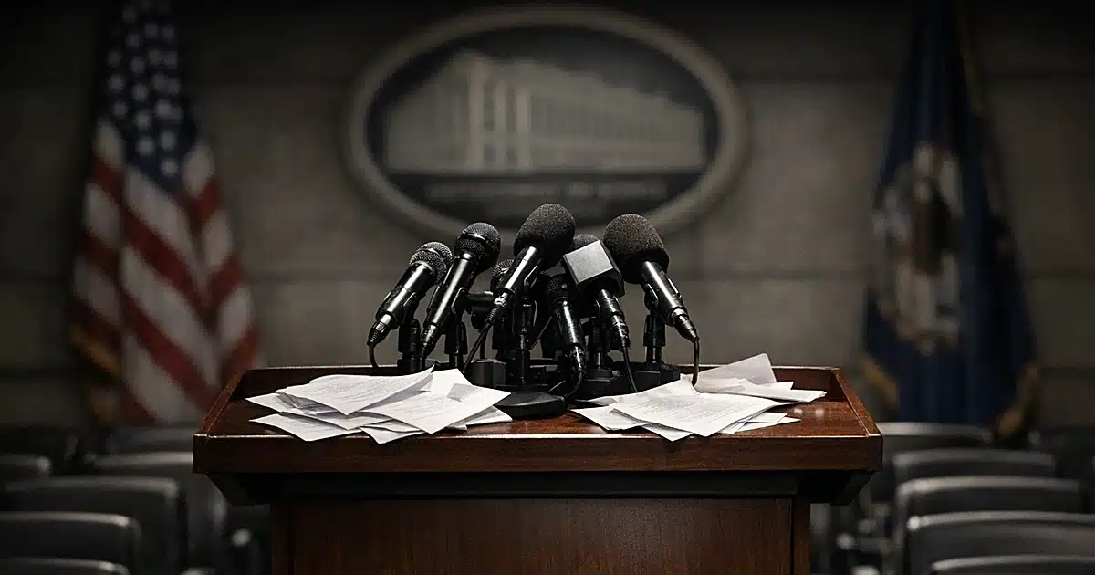 Empty Department of Justice briefing room with podium and microphones in harsh institutional lighting