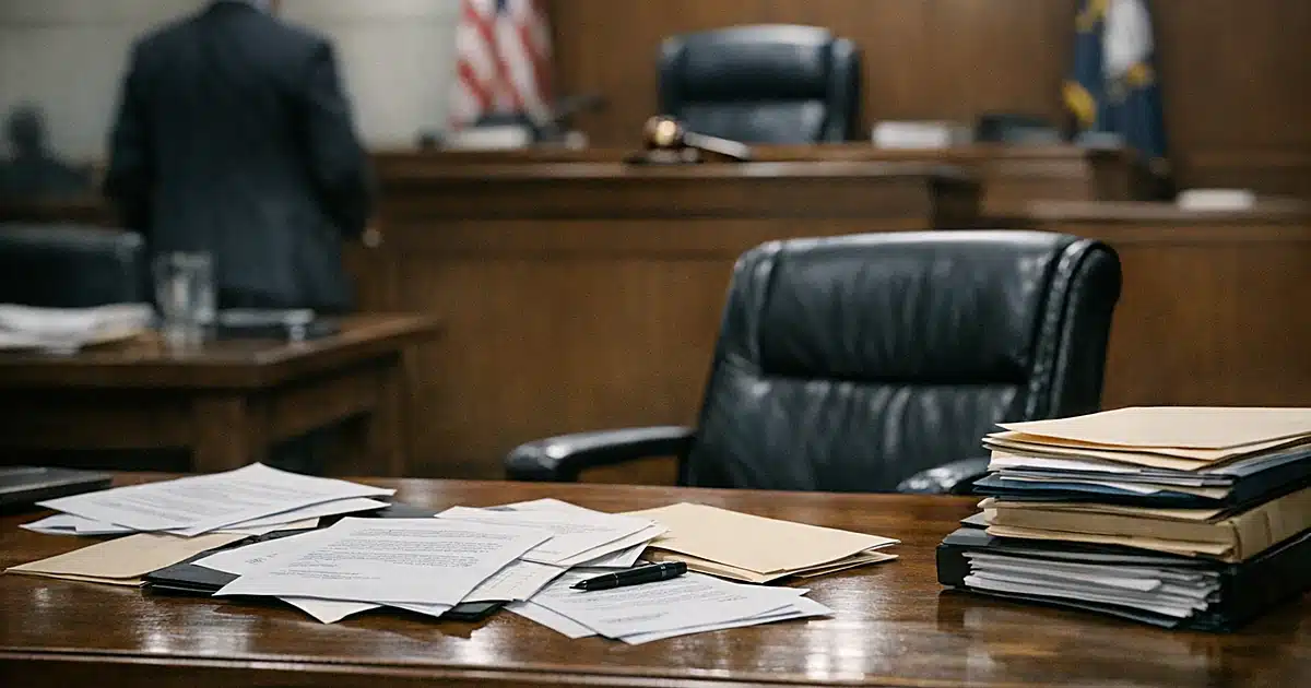 Empty federal courtroom with scattered legal documents on defense table and vacant chair