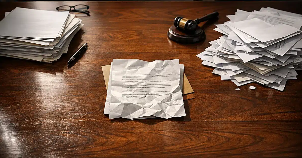 Legal documents scattered across conference table with demand letter in center, dramatic window lighting