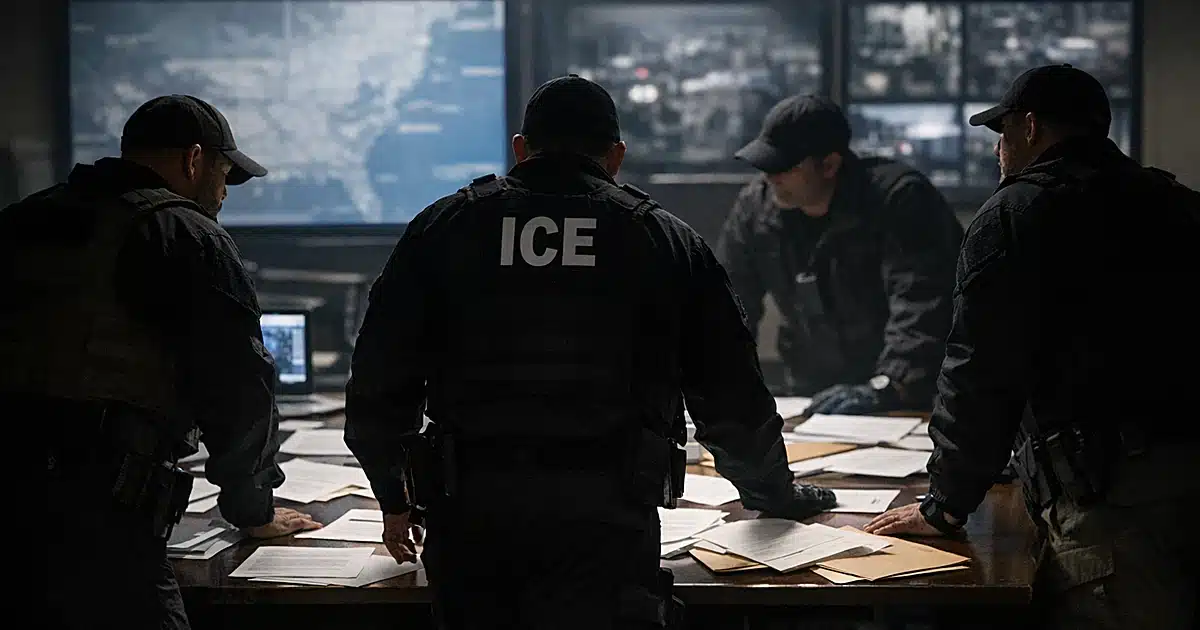 Silhouetted federal agents reviewing documents in immigration enforcement operations room under fluorescent lights