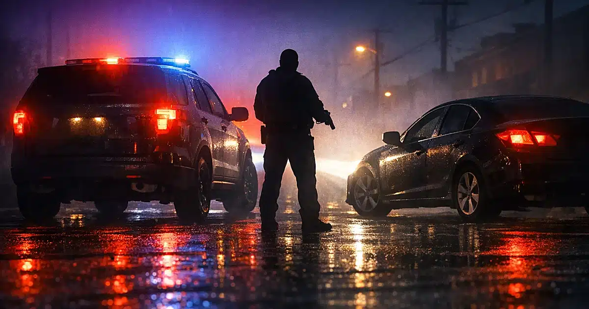 Silhouetted law enforcement vehicle with emergency lights illuminating a nighttime traffic stop scene on an urban street