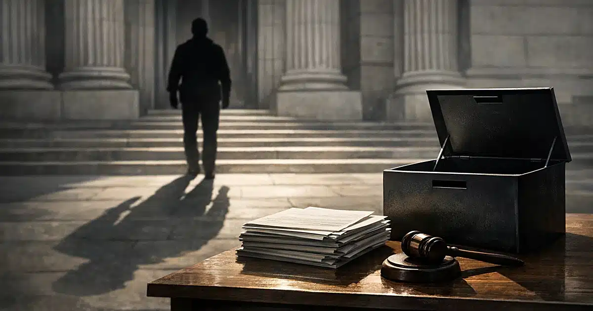 Silhouetted person at courthouse steps with ballot box and legal documents in foreground