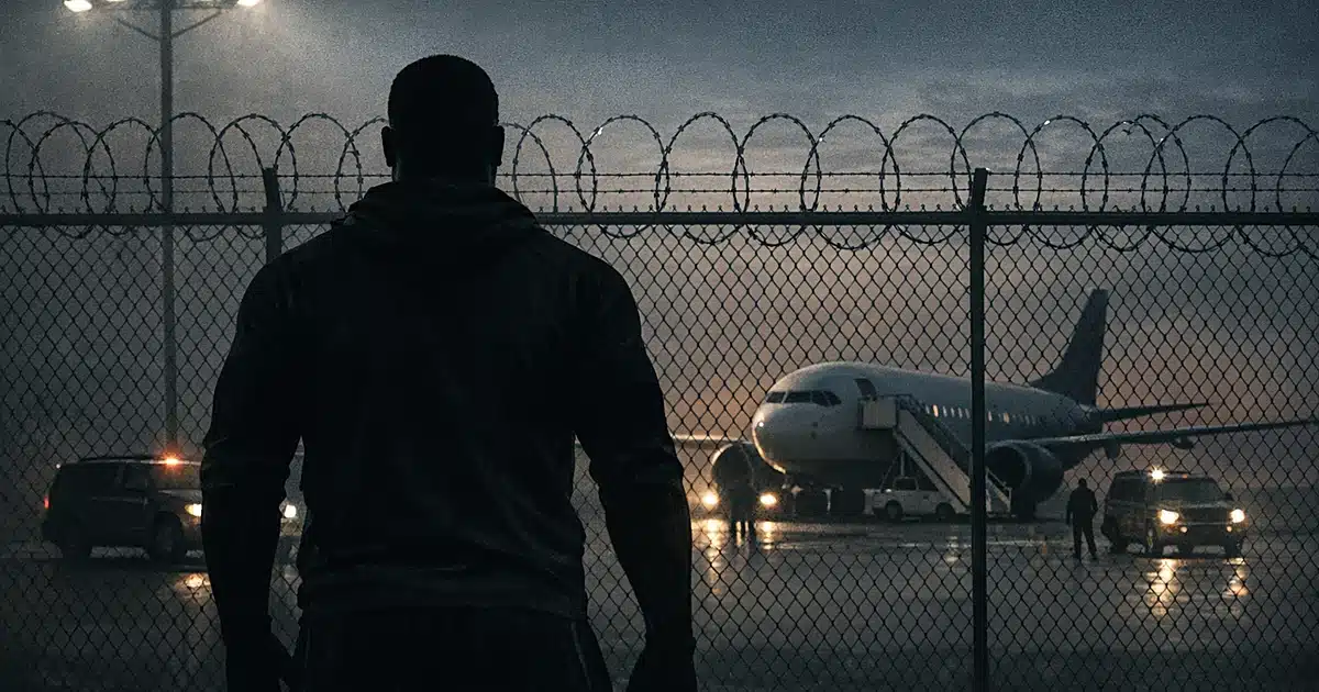 Silhouetted athletic figure facing chain-link fence with aircraft on tarmac beyond, lit by harsh overhead lights