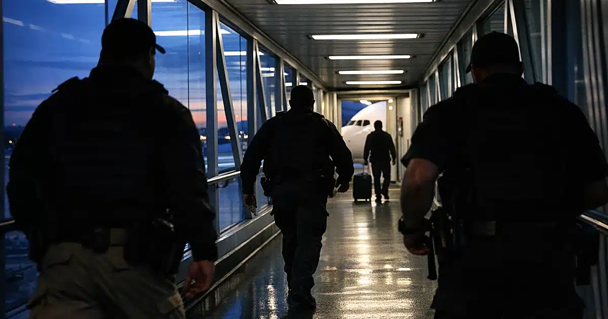 Federal agents moving through airport jet bridge toward aircraft at dusk with terminal lighting