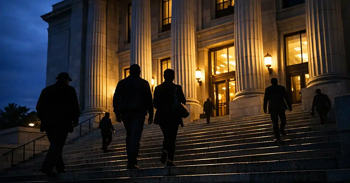 Silhouetted figures descending federal building steps at dusk with dramatic backlighting from interior