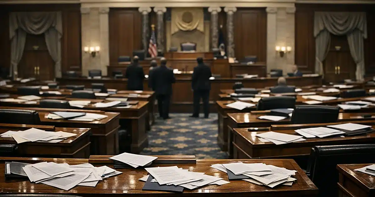 Empty legislative chamber with scattered papers on desks and silhouetted figures in distance