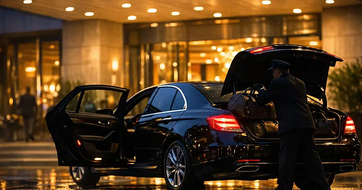 Black luxury car under hotel entrance with bellhop loading luggage at dusk