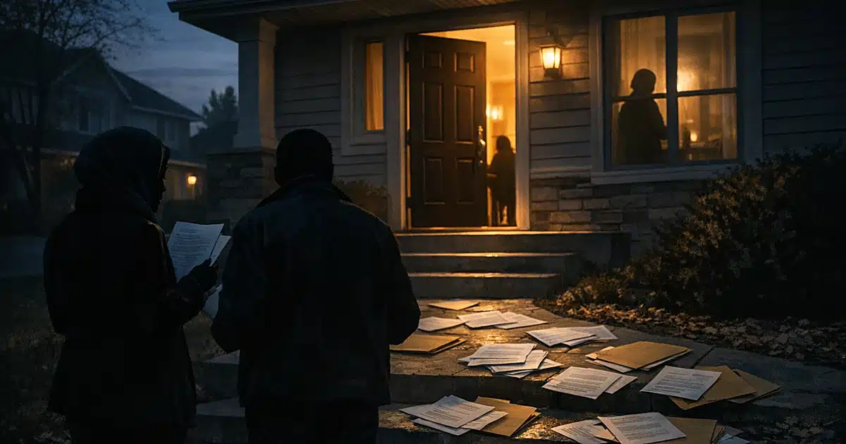 Silhouetted figures examining documents outside a suburban home at dusk with papers scattered on the steps