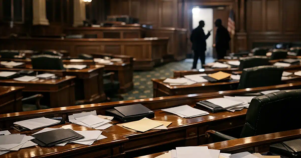 Empty Illinois legislative chamber with scattered papers on desks and silhouetted figures in background