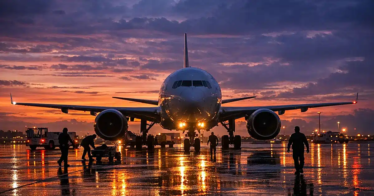 Commercial aircraft on wet airport tarmac at dusk with ground crew silhouettes and runway lights reflecting