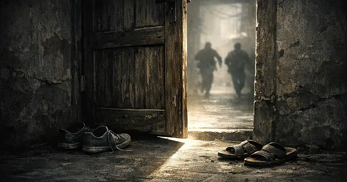 An open door in a dark alley with abandoned shoes at the threshold, lit by a single beam of light