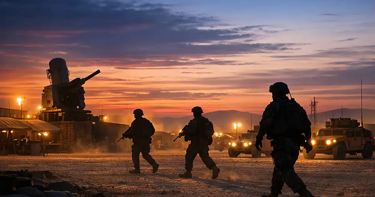 Military base at dusk with silhouetted soldiers and defense systems in desert terrain