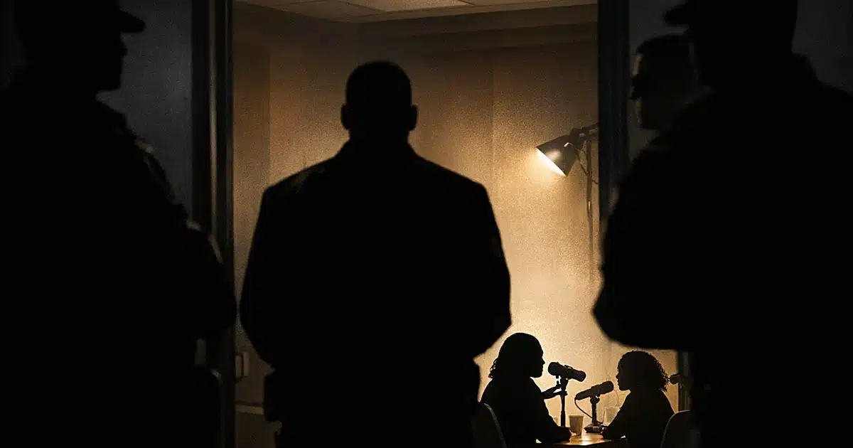 Silhouetted podcast recording with security personnel standing guard in foreground of intimate studio setting