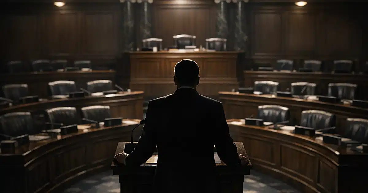 Silhouetted figure at podium facing empty Senate chamber seats with dramatic overhead lighting