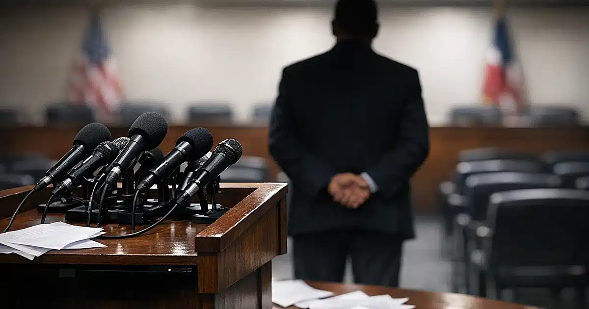Empty congressional podium with microphones and silhouetted figure standing with back turned in briefing room