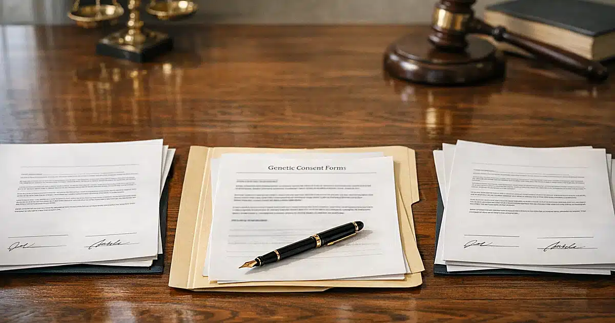 Legal documents and consent forms on family law attorney's desk with fountain pen