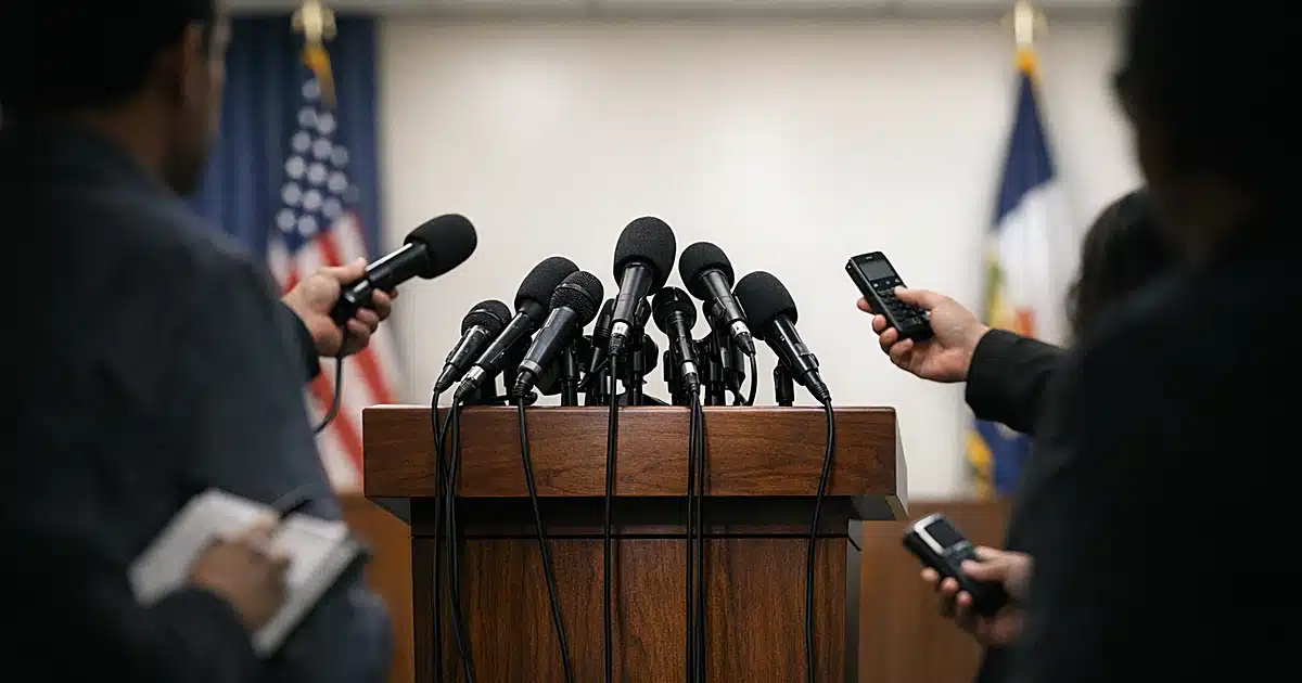 Empty press briefing podium with multiple microphones, silhouetted reporters in foreground