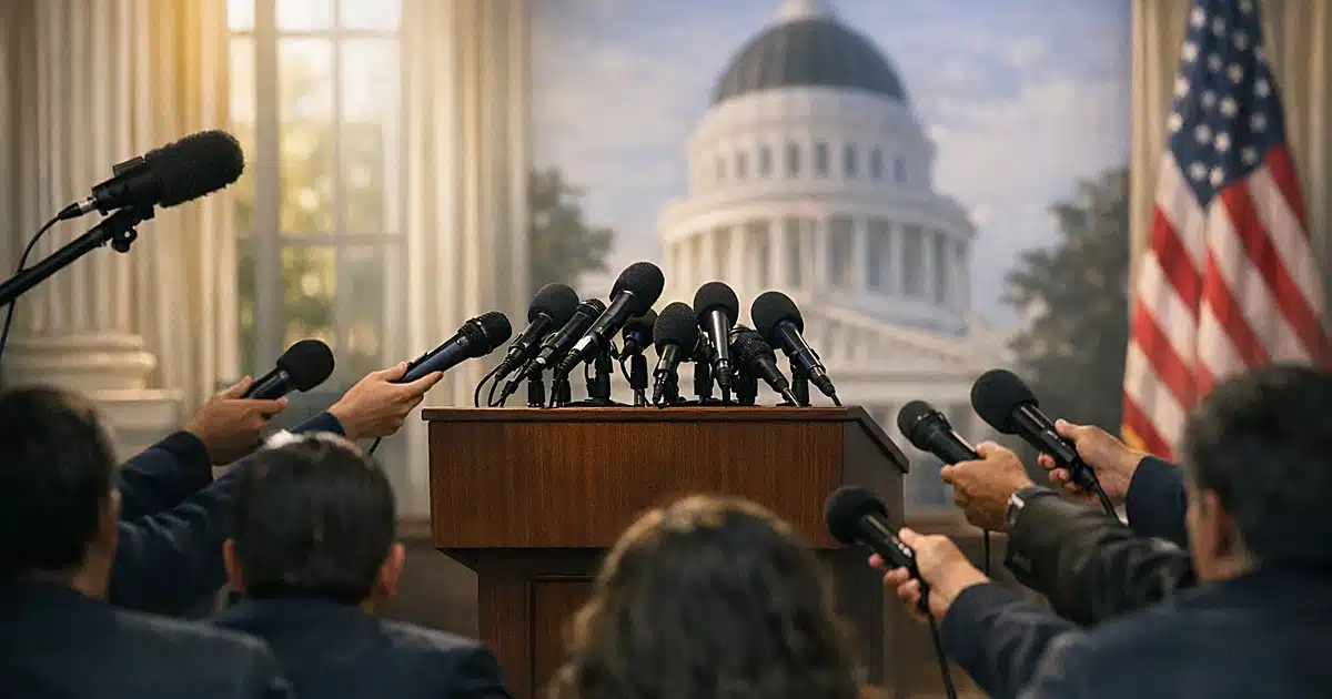Press briefing room with microphones at podium and silhouetted reporters reaching forward from behind
