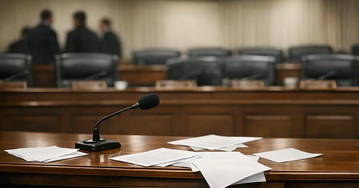 Congressional hearing room with witness table, microphone, and scattered documents in dramatic institutional lighting