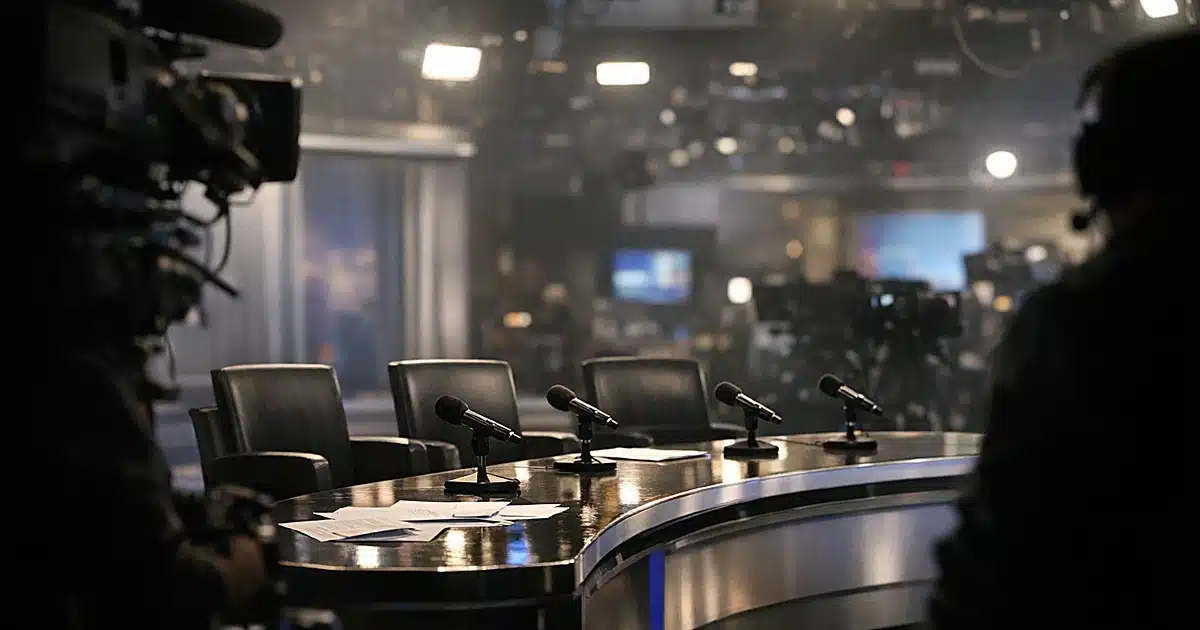Television studio broadcast set with empty host chairs, desk, microphones, and silhouetted production crew