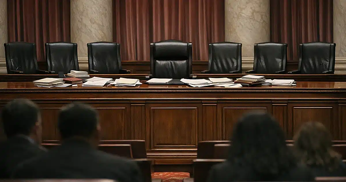 Empty Supreme Court bench with nine chairs and scattered documents on the surface suggesting active judicial work